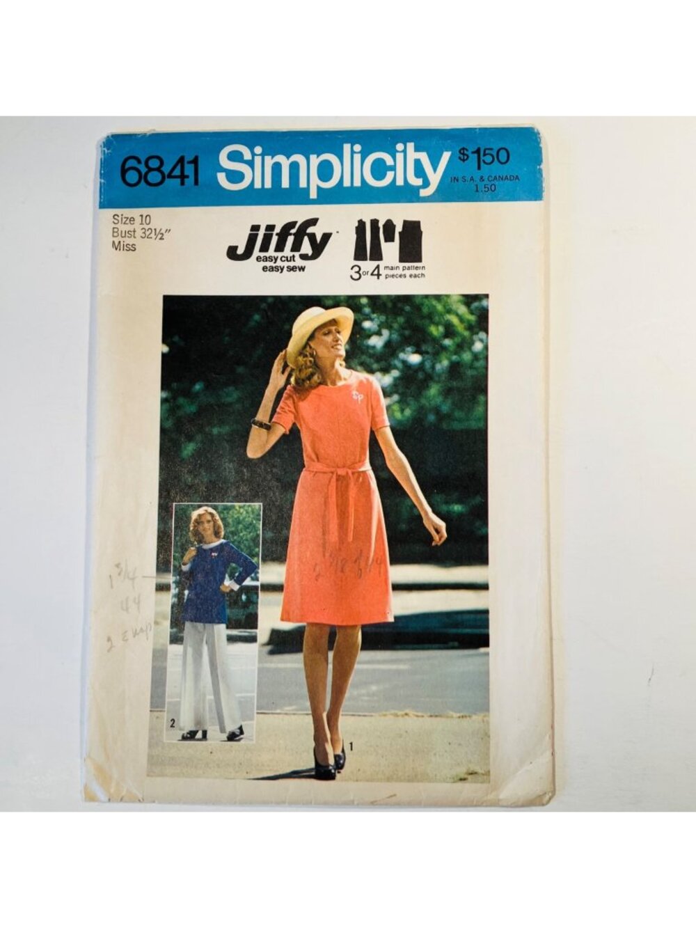 70s Simplicity 6841 Size 10 Bust 32.5 Jiffy Dress Top Pants Pattern Uncut FF